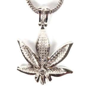 Silver Iced Out Marijuana Leaf Pendant with a 36 Inch Franco Chain 