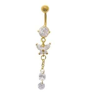 Clear Cz Butterfly 2 Gem Gold plated Dangle Belly button Navel Ring 14 