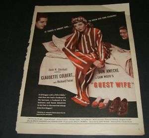 1940S *GUEST WIFE* MAGAZINE MOVIE AD CLAUDETTE COLBERT  