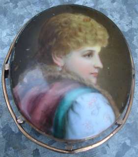 Antique LILLIAN RUSSELL BROACH Hand Painted Ceramic Portrait Copper 