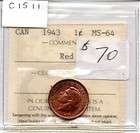 1943 Canadian 1 Cent, ICCS Graded MS 64, Red, C1511