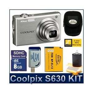  Nikon Coolpix S630 Silver Kit with 8GB SD, Reader, Battery 