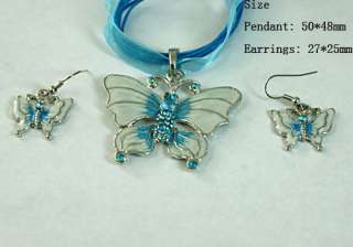 h7632 Blue Butterfly Gemstone Pendant Necklace Earrings set Fashion 