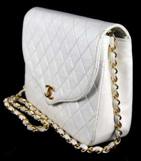 AUTHENTIC CHANEL Vintage Quilted White Lambskin Chain Flap Bag Purse 