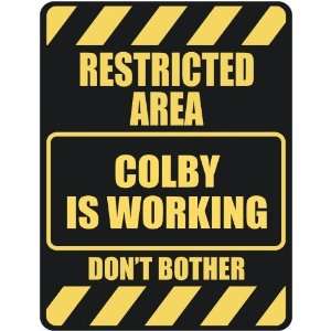   RESTRICTED AREA COLBY IS WORKING  PARKING SIGN