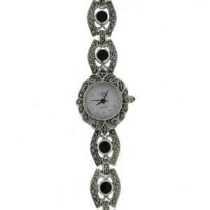  Sterling Silver Marcasite Genuine Black Onyx Shell Watch Jewelry