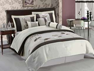 11 Piece King Floral Taupe and Coffee Embroidered Bed in a Bag Bedding 
