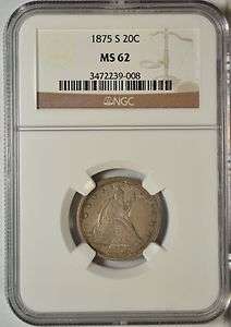 1875 S 20 cent, NGC MS62  