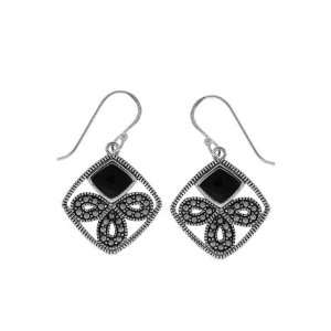  Boma Sterling Silver Onyx Marcasite Bow Earrings Jewelry