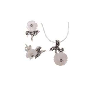   Flower Cut Faux Pearl and Marcasite Earring and Necklace Set Jewelry