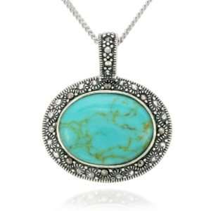  Sterling Silver Marcasite and Synthetic Turquoise Oval 