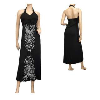 Plus Size Black Embroidered Maxi Halter Cocktail Dress  