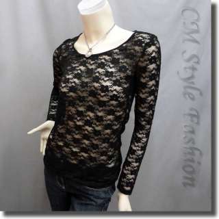 Chic Floral Lace See Through Boho Blouse Top Black S  