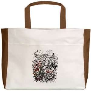  Beach Tote Mocha Live For Rock Guitar Skull Roses and 