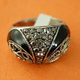 r8187 Sz 6.5 Decent Flower Black Gemstone Tiber Silver CZ Diamante 