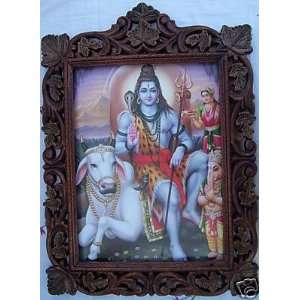  Lord Shiva, Ganesh & Cow, Pic in Wood Frame Everything 