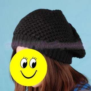 Womens Crochet Knit Beret Baggy Beanie Hat Cap Black [SKU 12 