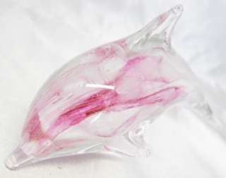 New Hand Blown Glow in the Dark Glass Pink Dolphin Paperweight  