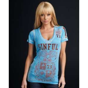 Womens Affliction Sinful Blue Burnout Calera Tee with Foil Graphics M