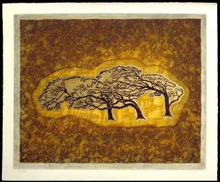 Lerfald, Wind Swept, Original Art Color Etching brown & gold trees 