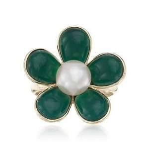 Green Agate and Pearl Flower Ring In 14kt Yellow Gold