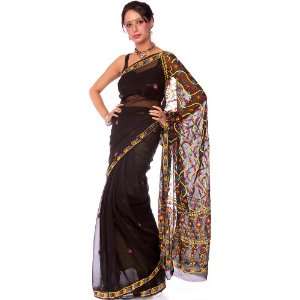  Black Hand Embroidered Chikan Sari from Lucknow   Pure 