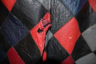 VINTAGE WOMENS PATCHWORK RED BLACK LONG LEATHER PIMP COAT FAUX FUR 