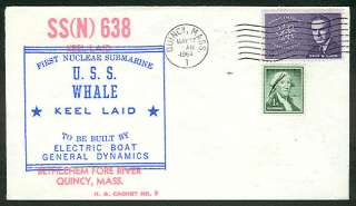 USS WHALE KEEL LAID SUBMARINE COVER 1964 QUINCY MASS  
