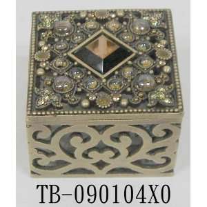  Antique Brass Jewelry Trinket Box W Amber Facets Jewels 