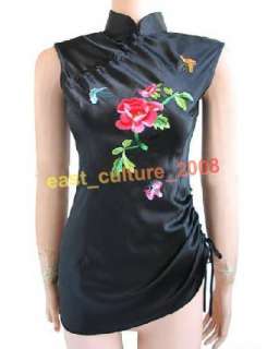 Chinese Embroidery Peony Silk Shirt Top Black WHS 51  