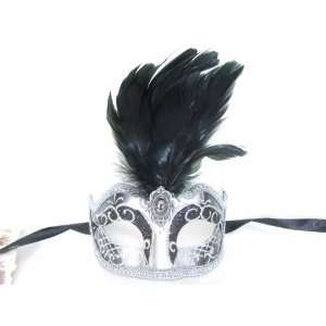  Black Silver Ciuffo Corto Star Feather Venetian Masquerade 