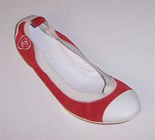 NIB CHANEL white/red classic look 2 tone ballet flats sz 9.5 CC logo 