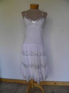 White Tiered Cotton Sheer Silver Sequin Summer Dress sz M  