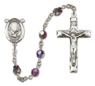Silver Saint Holy Spirit Medal Amethyst Crystal Rosary  