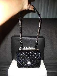   Classic Quilted Patent Flap Chain Double Bag Clutch Black NEW  