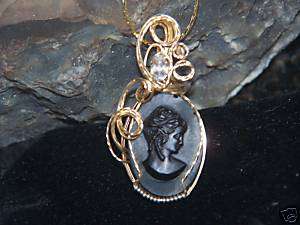VINTAGE MOURNING CAMEO & TOPAZ PENDANT 14KGF WIRE WRAP~  