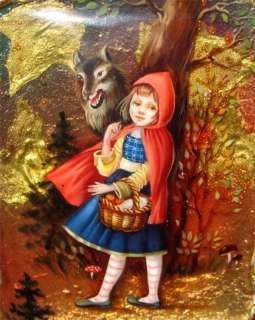Hand painted SMALL FEDOSKINO trinket Box Little Red Riding Hood 