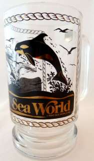   Souvenir Glass Mug Shamu Orca Whale Dolphins Collectible Gold Trim