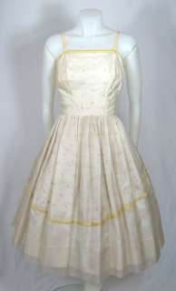 VTG 1950s FLORAL EMBROIDERED ORGANZA SUMMER PARTY PROM DRESS  
