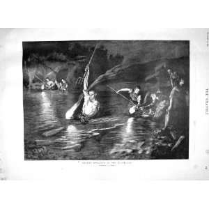  1900 SALMON SPEARING FISHING RIVER HIGHLANDS SCOTLAND 