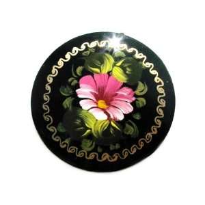    GreatRussianGifts Pink Flower Round Lacquer Broach