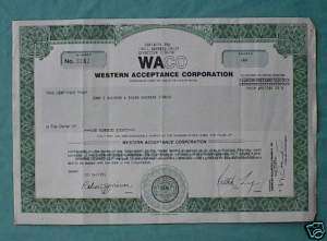 VINTAGE STOCK CERTIFICATE   WACO ACCEPTANCE CORP   1991  