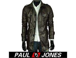 PJ Winter Stylish Mens Slim fit PU Leather Long Trench Coats Outwear 