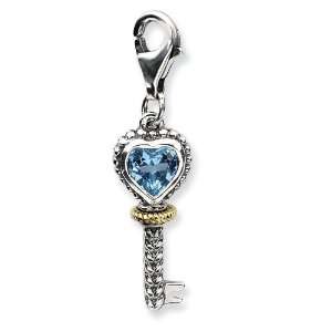   Silver w/14k Blue Topaz Antiqued Key w/Lobster Clasp Charm Jewelry