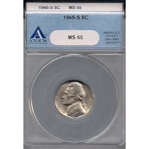  1945 S SILVER WARTIME NICKEL ANACS MS 65 