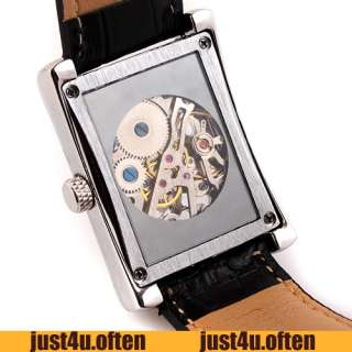 Square Silver Hollow Genuine Leather Mens Hand Wind Mechanical Wrist 