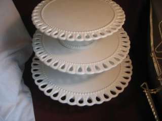 Three GODINGER Victoria White Ceramic Tiered Cake Plates Stands 14 12 