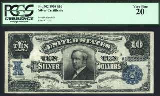 1908 $10 SILVER CERTIFICATE TOMBSTONE PCGS VF 20   