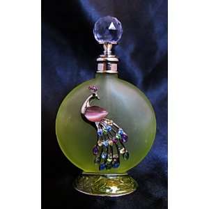  New Hand Blown Green Glass Metal Peacock Perfume Bottle 
