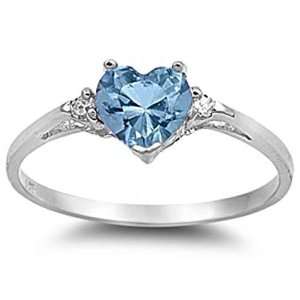   Sterling Silver Ring Aquamarine CZ Heart Shape Band Width2mm Jewelry